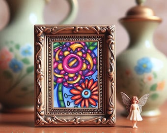 abstract flowers drawing aceo original flower art atc whimsical modern miniature folk art