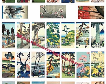 japanese art trees landscapes collage sheet 1" x 2" inch dominos clipart digital download printable