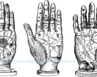 fortune tellers palm reading hands printable wall art clipart png, instant download, digital print, vintage palmistry image, jpg, line art