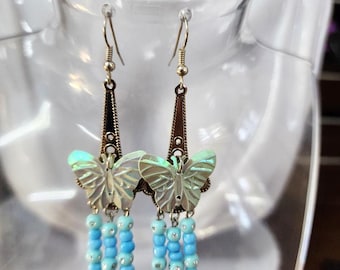 sequin butterfly filigree chandelier earrings blue bead drops  long dangles beaded handmade jewelry