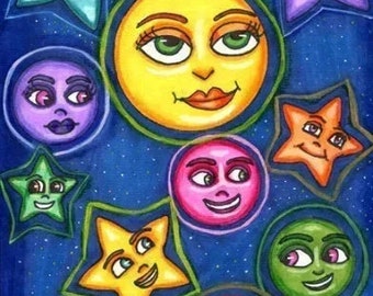 original art drawing happy moon star faces celestial fantasy fairytale whimsical colorful artwork sold by artist Elizavella