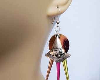 witch hat charms chandelier earrings Halloween handmade jewelry multicolor spikes drops goth