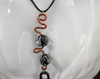copper wire big bead NECKLACE black cord padlock pendant handmade jewelry