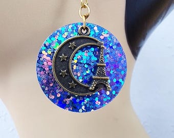 Eiffel tower earrings, moon sequin earrings, dangle bronze charms sparkle glitter handmade jewelry