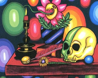 abstract Skull Art Print magic altar witch spells abstract painting candle fly catcher flower fantasy modern artwork