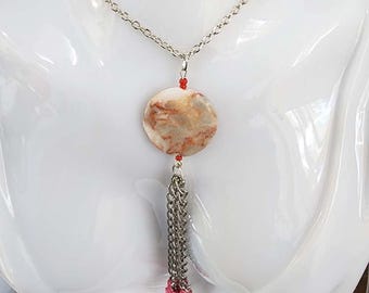 red marble circle gemstone necklace stone pendant handmade natural boho hippie jewelry