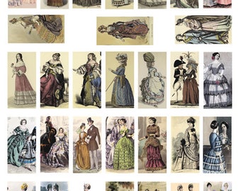vintage 1500s to 1800s fashion, dominos collage sheet dresses and hats clipart digital instant download, 1" x 2" inch images printables