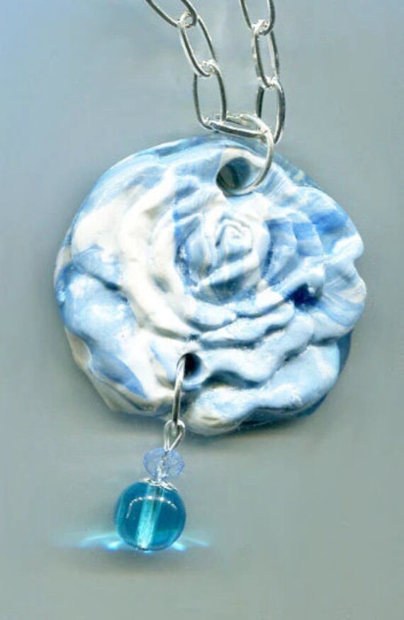 BLUE clay ROSE NECKLACE, flower pendant, silver chain, glass bead drop, handmade nature jewelry