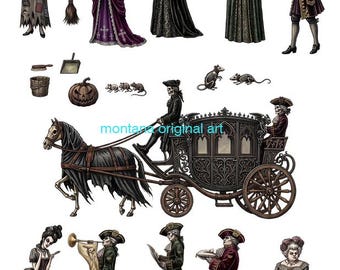 goth Cinderella story paper dolls download Digital Printable Sheet Vintage style paper toys