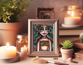 original aceo art mermaid drawing fantasy big eye art fairytale miniature OOAK artwork