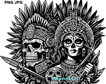 skull aztec warrior png, aztec queen day of the dead png clipart, printable Mexican indian art,  instant download, digital print