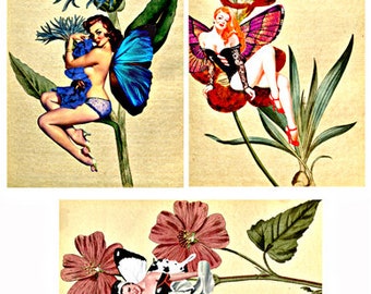 pinup girl garden fairies flowers digital download collage sheet altered art clipart 4"x6" inch images printable cards