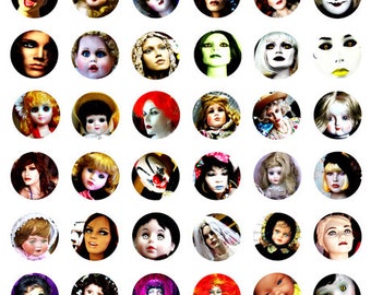 creepy evil dolls and mannequin faces digital collage sheet 1 inch circles clipart instant download printable images