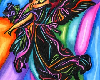 Guardian Angel with child abstract art drawing, original markers ink colorful 8.5" x 11"