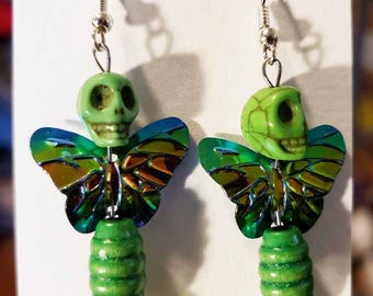 green skull earrings, butterfly skulls, sugar skull bead earrings, day of the dead, handmade jewelry, goth, punk