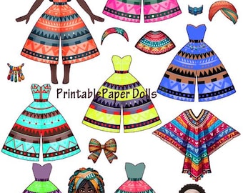 Black African woman paper doll with dresses clipart printable kids crafts download, digital print