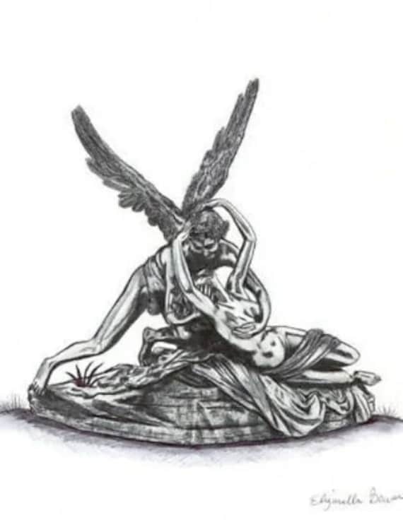 Cupid and Psyche love romance art, pen ink DRAWING, ORIGINAL art, fantasy, Goddess, Angel illustration, greek Mythology