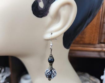 black and clear big bead drop earrings, dangles handmade Victorian style jewelry