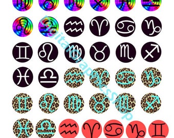 zodiac signs symbols art clipart set leopard rainbow red backgrounds digital download collage sheet 1" inch circles  printables diy jewelry