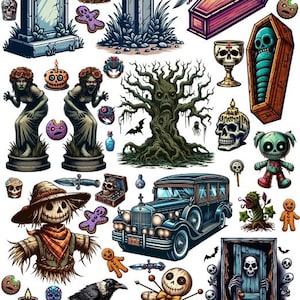 griezelige horror clipart collage blad monsters pompoenen uitsnijdingen Png jpg afdrukbare instant digitale download