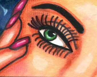 womans green eye aceo original art, red fingernails, makeup, aceo art card, atc, drawings, miniature By Elizavella