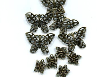 10 bronze tone mixed metal charms pendants lot filigrees butterflies jewelry