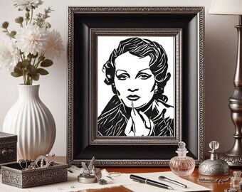 abstract womans face original art ink drawing 1950s Woman putting on lipstick drawing face portrait black and white artwork