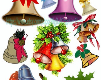 Christmas Bells clipart Collage sheet, modern & vintage printable art, digital print, instant download  die cuts, scrapbook, decoupage