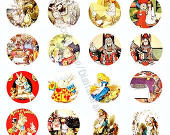 Alices Adventures in Wonderland art, clipart, digital collage sheet, instant download, 1.5 inch circles, fairytale images, printables