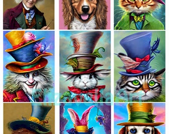 mad hatters digital collage sheet printable aceos fairytale art, wonderland 2.5" x 3.5" clipart dogs cats instant download tags cards lables