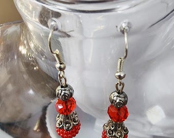 red raspberry bead drop earrings, long dangles, glass bead earrings handmade jewelry