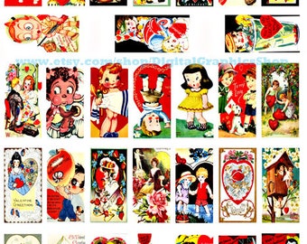 Vintage Valentines, children clipart, digital instant download, craft printables, 1" x 2 inch dominos, collage sheet, images to print