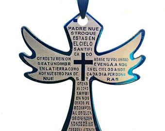 stainelss steel blue cross pendant necklace lords prayer spanish handmade silver chain unisex mexican jewelry