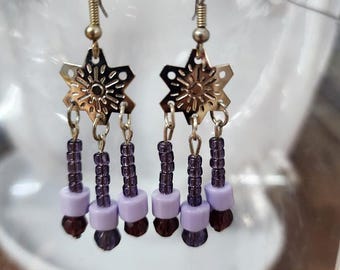 purple chandelier earrings dangles silver snowflake earrings glass bead drops handmade jewelry