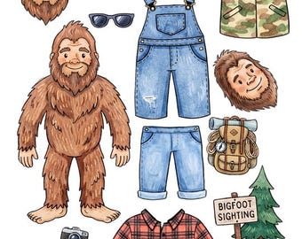 Original Bigfoot Sasquatch paper doll download Digital Printable Sheet cryptids paper toys
