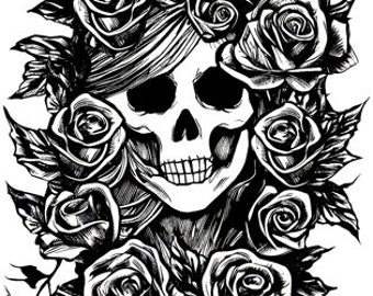 skull lady roses flowers png clipart , skull png day of dead png clipart, Calavera tattoo art, instant digital download printable