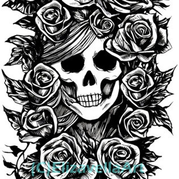 skull lady roses flowers png clipart , skull png day of dead png clipart, Calavera tattoo art, instant digital download printable