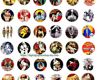 vintage circus posters photographs digital collage sheet 1 inch circles, circus freaks clipart download printables