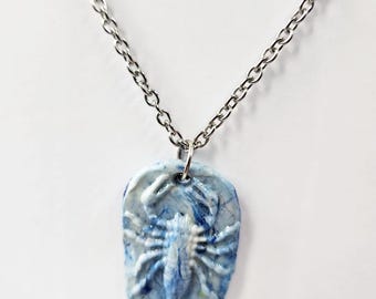 blue handmade clay scorpion pendant necklace beads  silver tone chain handmade scorpio jewelry