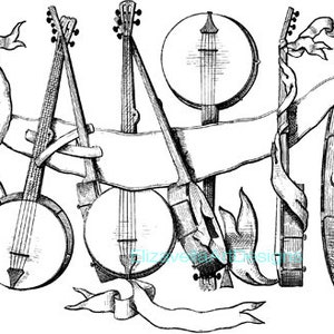 mot banjo épelé avec banjos png illustration d'art vintage instrument de musique clipart imprimable art mural impression numérique téléchargement