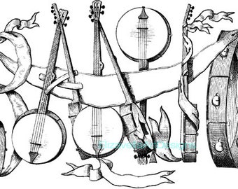 word Banjo spelled with banjos png vintage art illustration musical instrument clipart printable wall art digital print download
