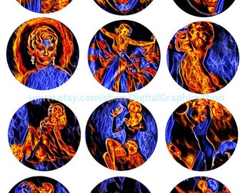 fire women, pinup girls, collage sheet, 2.5 inch circles, clipart, instant download, digital prints, craft printables