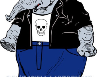 Biker elephant wearing leather jacket, png jpg clipart, printable art, digital print, instant download, cartoon animals, t shirt design