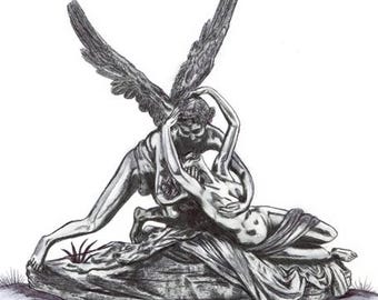 Cupid and Psyche pen ink DRAWING Goddess love romance ORIGINAL art fantasy Angel greek Mythology