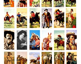 vintage cowboys cowgirls dominos collage sheet country western clip art digital download 1" x 2" inch graphics images printables pendants