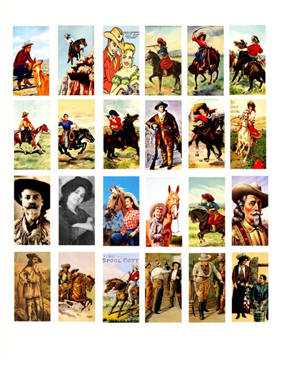 vintage cowboys cowgirls country western clip art digital download domino collage sheet 1" x 2" inch graphics images printables pendants