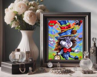 mad hatter bunny rabbit fairytale animals -original art - surreal 8x10 inch semi gloss fantasy  Anthropomorphic art print