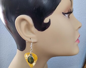 Jesus on cross picture charm gold guitar pick earrings dangles handmade unisex music jewelry