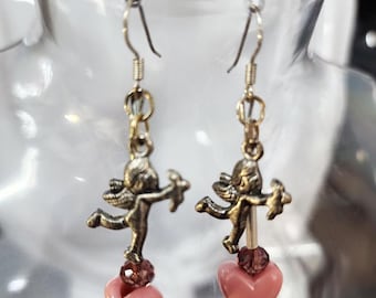 angel charm purple heart bead drop earrings, long dangles, handmade jewelry
