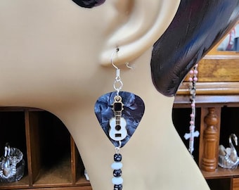 enamel guitar charm black guitar pick cross bead drop earrings dangles handmade music jewelry